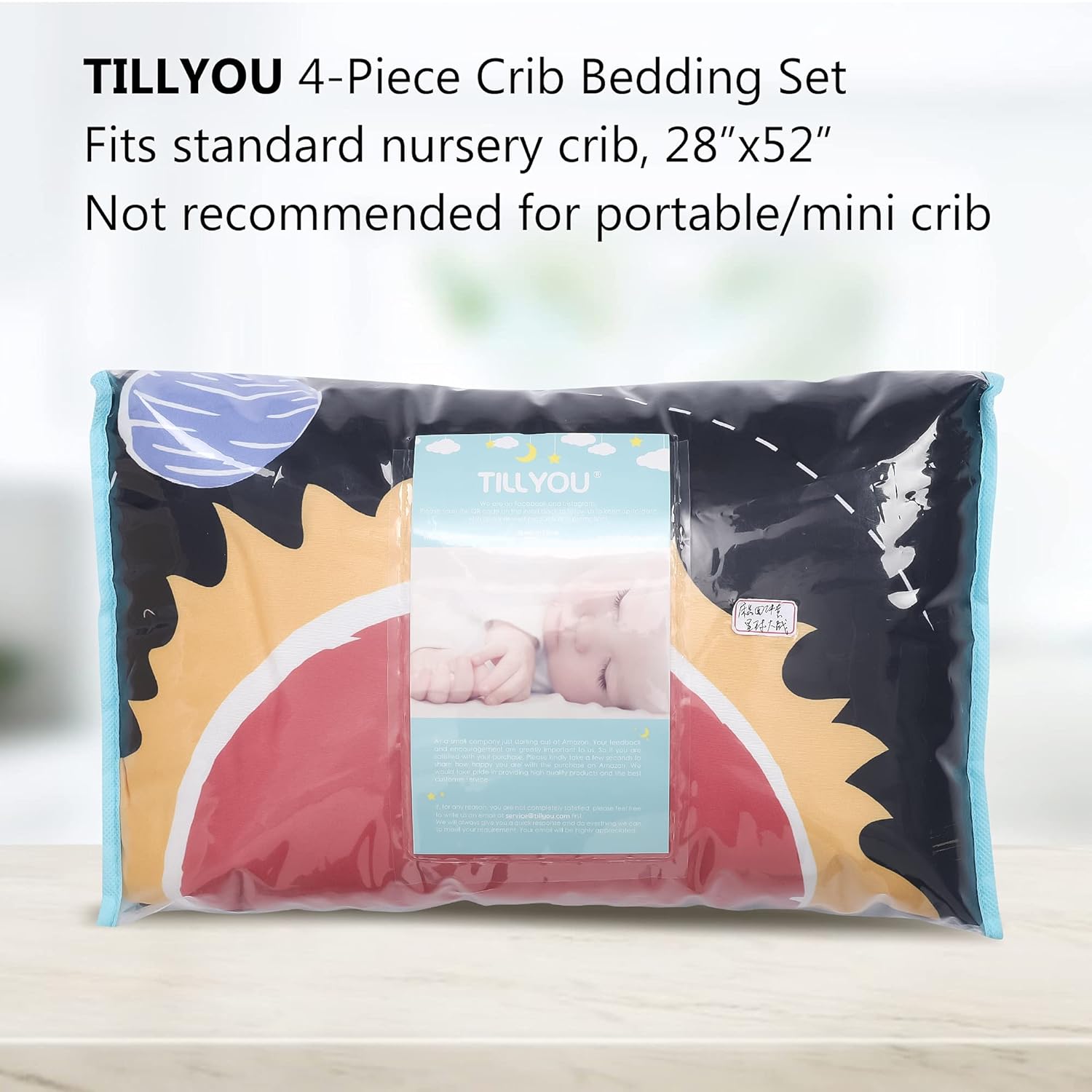 TILLYOU 4-Piece Space Theme Crib Bedding Set for Boys, Luxury Nursery Bedding Essential Including 1 Padded Comforter, 1 Crib Skirt and 2 Silky Soft Microfiber Crib Sheets, Standard Size, Black : Everything Else