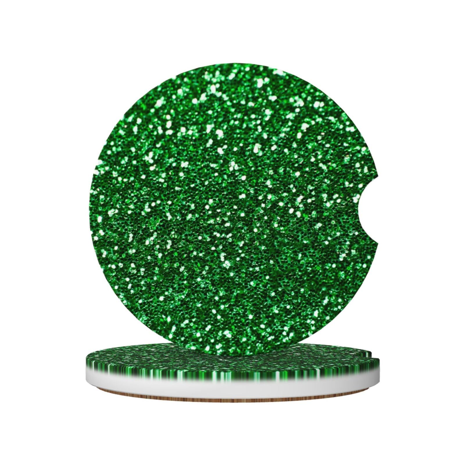 Green Sequin Sparkle, Car Cup Holder Coasters 2 Pack, Absorbent Ceramic Car Coasters with Non Slip Cork Base