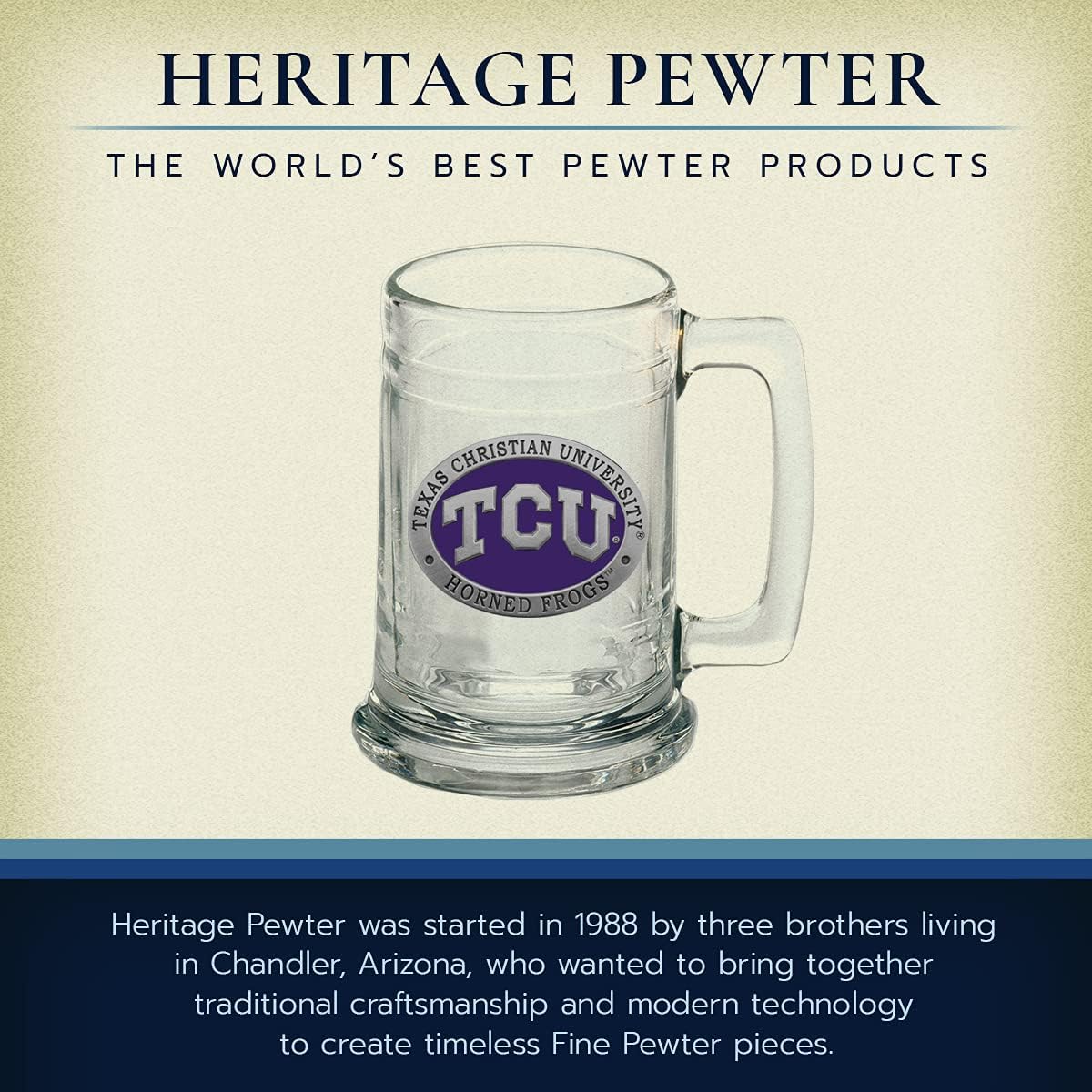 Heritage Pewter TCU Beer Stein Glass | 15 Ounce German-Style Beer Glass | Intricately Crafted Metal Pewter Alma Mater Inlay