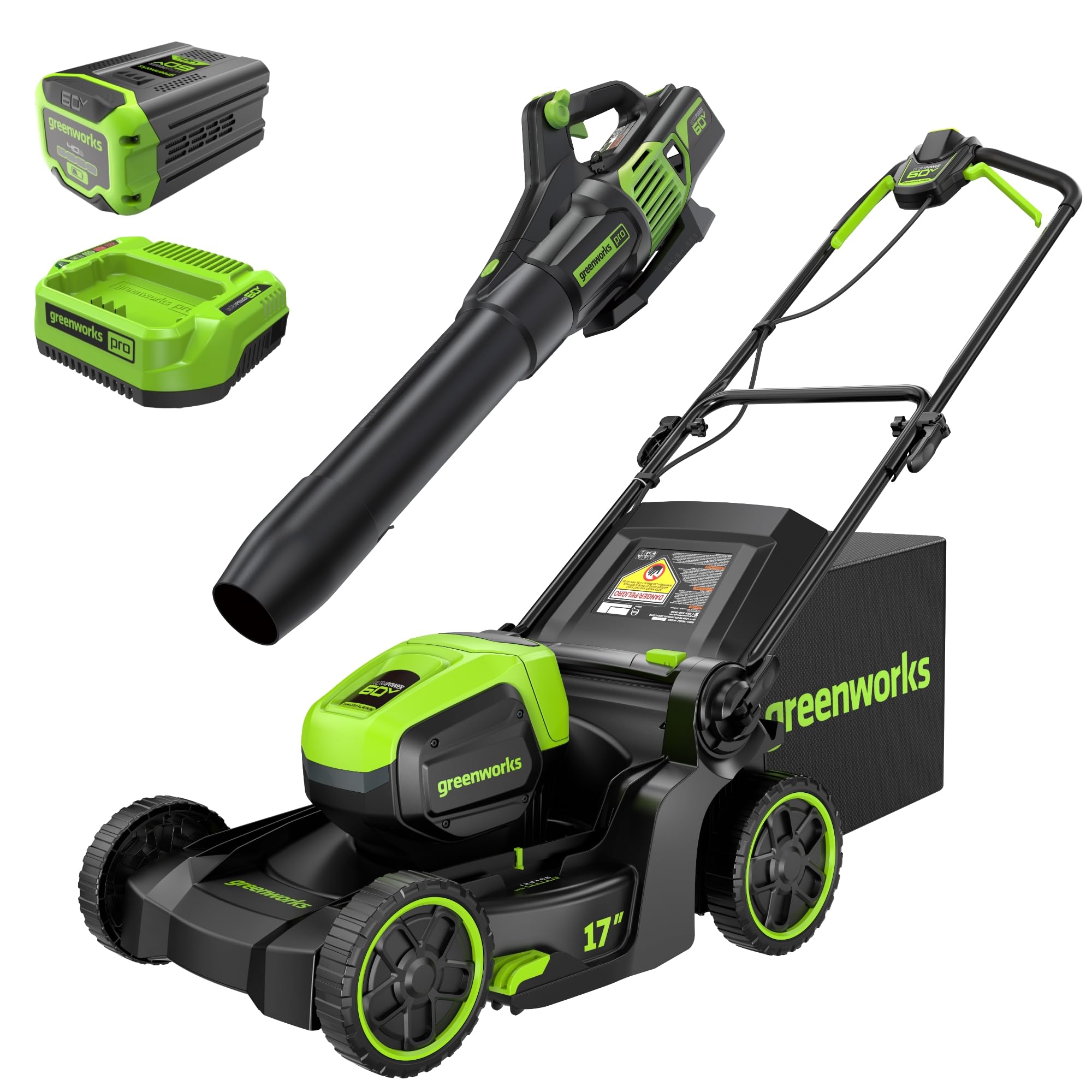 Greenworks 60V 17" Brushless (Push) Mower + 60V (610 CFM) Brushless Blower, 4.0Ah Battery and 3A Charger