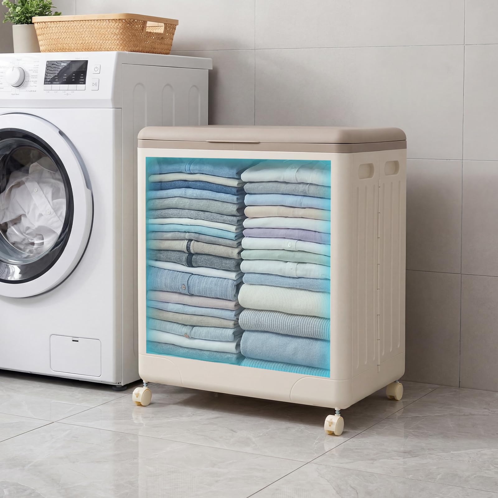 COSTWAY 45 L Scatola di Stoccaggio con Coperchio e Ruote, Contenitore per Bucato con Finestra Trasparente per Vestiti, Organizer Portatile in Plastica per Casa, Palestra e Camera da Letto (Grigio)