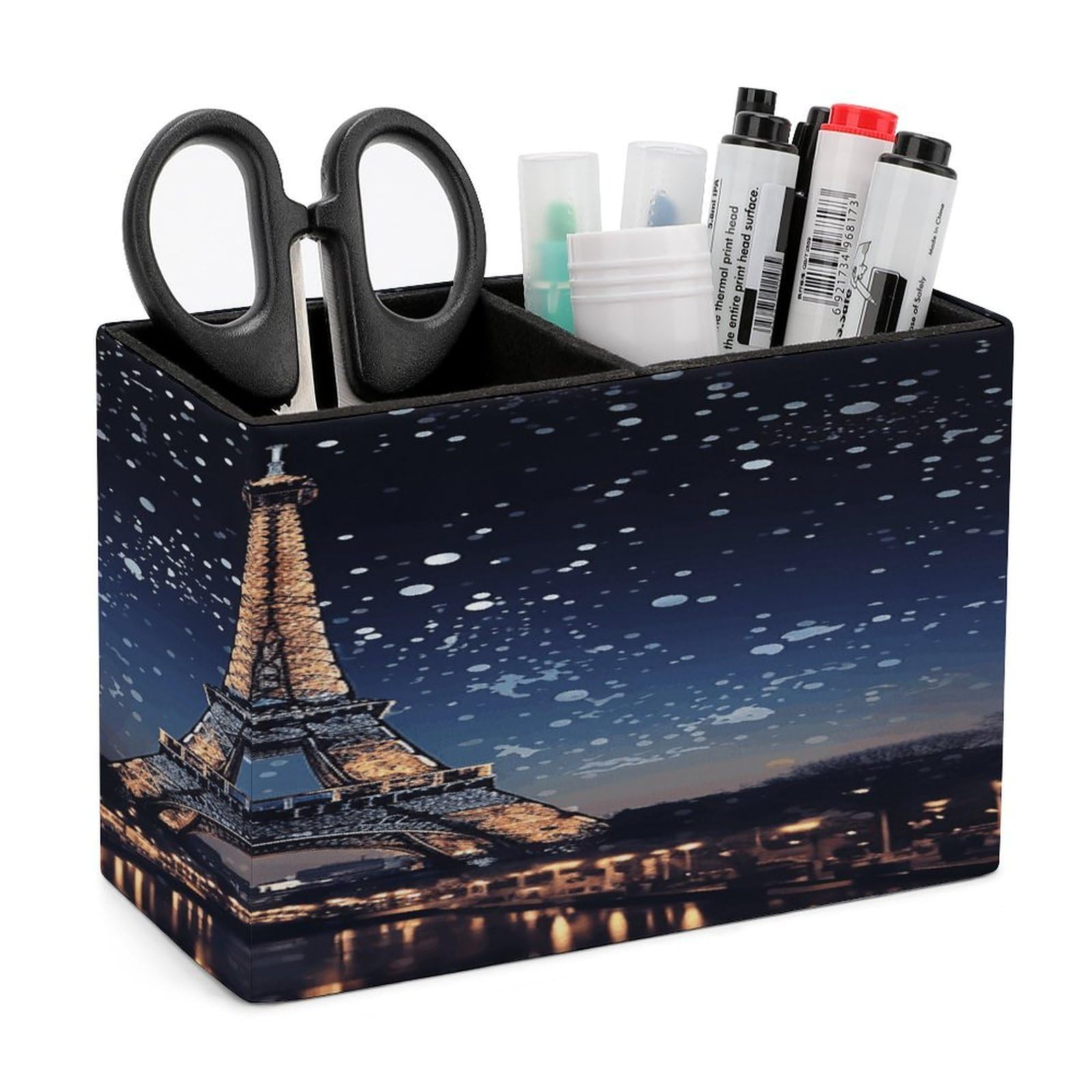 VstaDank Night Paris Eiffel Tower Pen Holder Double Compartments Pen Cup Fashion Makeup Brush Holders Leather Pencil Holder for Work Locker Accessories Modern Pencil Cup for Desk Organizer