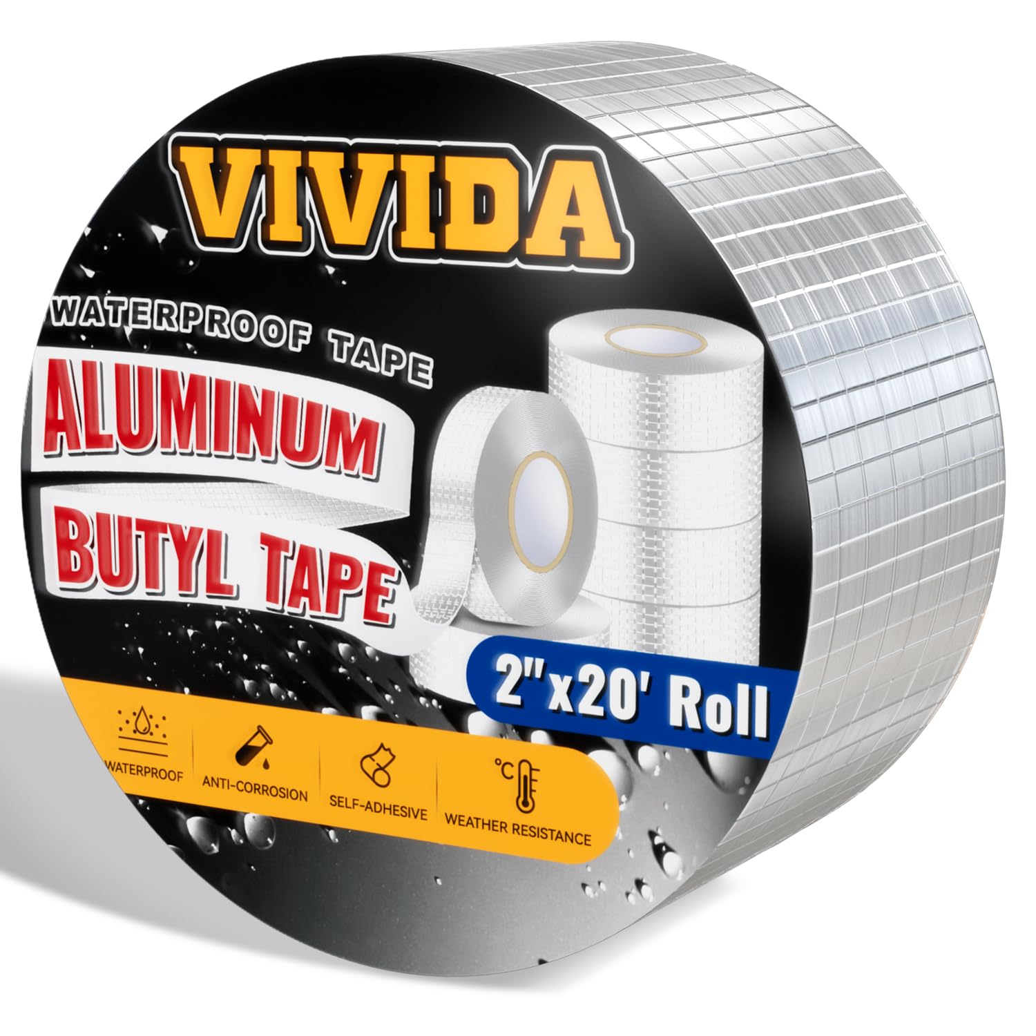 VIVIDA Aluminum Butyl Tape 2" × 20', Waterproof Aluminum Foil Butyl Sealing Tape for Outdoor Use, Corrosion Resistant, Repair for Metal Roof, RV,