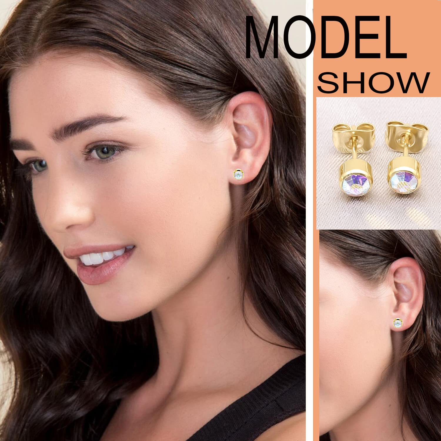 3 paires de boucles d'oreilles pour femmes Boucles d'oreilles en titane pour filles hypoallergénique cristal 4 mm Boucles d'oreilles en or rose clous d'oreilles