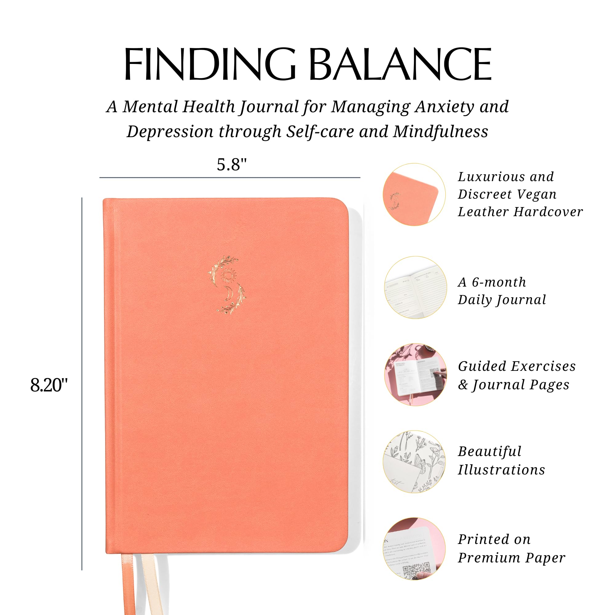 LIFTINSPIRE CO. FINDING BALANCE - Diario de salud mental – Diario diario de 6 meses con indicaciones para atención plena, cuidado personal y curación – Alivio de la ansiedad y la depresión – Tapa dura