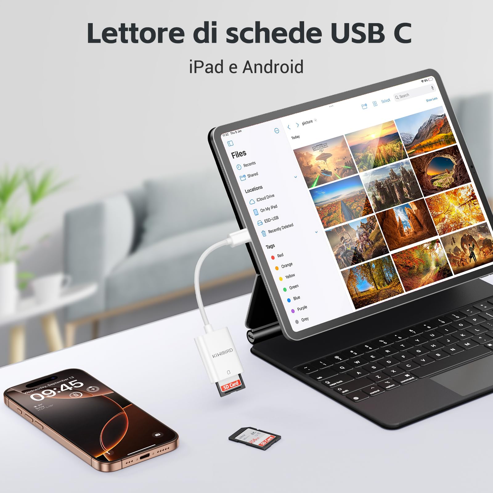 KiWiBiRD Lettore schede SD USB C adattatore SD a tipo C per SDHC SDXC fotocamera iPhone 17 16 Plus Pro Max MacBook Air Mac iPad iMac Galaxy S25 S24 Android