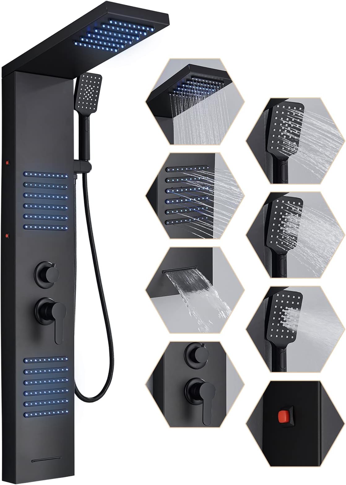 𝗙𝗖𝗢𝗧𝗘𝗘𝗨 𝗦𝗵𝗼𝘄𝗲𝗿 𝗣𝗮𝗻𝗲𝗹 𝗧𝗼𝘄𝗲𝗿 𝗦𝘆𝘀𝘁𝗲𝗺 Shower Panel with LED Full Body Shower System Rain Shower Head 3-Setting Handheld Spray Luxury Shower Tower Stainless Steel Black