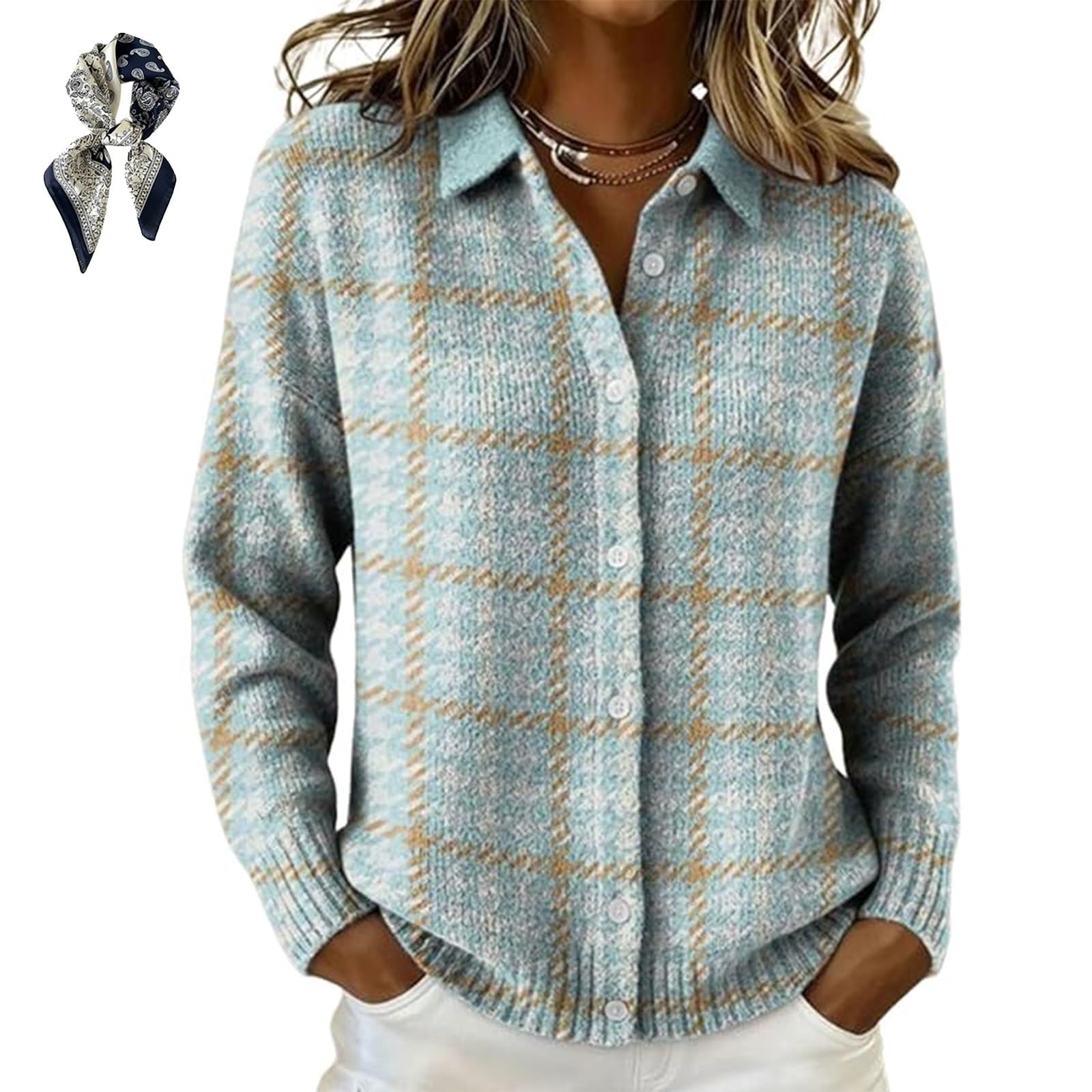 Womens Plaid Print Casual Cotton Buttoned Cardigan Sweater Plaid Knitted Cropped Cardigan Sweater with Shirt Collar