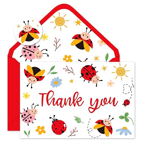 FYSUIMU 24Pcs Ladybug Thank You Cards with Envelopes Stickers Summer