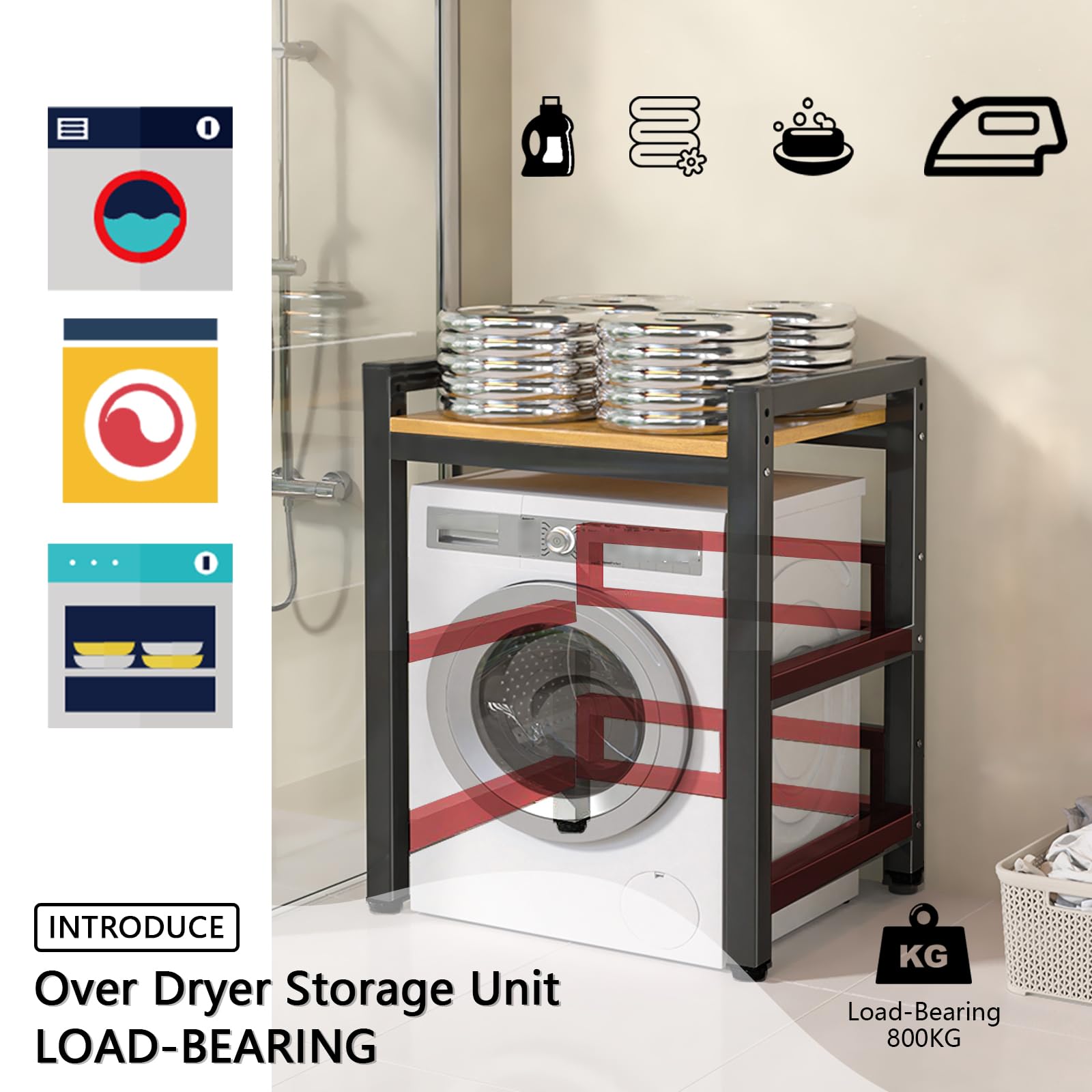 Soportes para lavadoras-secadoras Soporte de Carga 800Kg, Ajustable en Altura de 3 Niveles Mueble Para Lavadora y Secadora, Tubo Cuadrado de 1mm Espesor Estanterías para baño (BLACK, 75x65x105cm)
