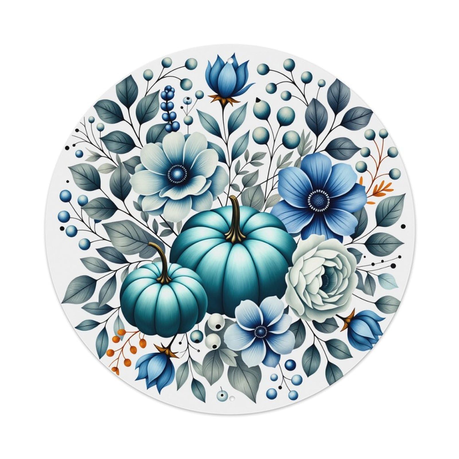 Blue Floral Pumpkin Leaves Berries Metal Tin Sign Vintage Garden Bedroom Cafe Bar Man Cave Home Wall Decor Metal Poster 8x8 inches