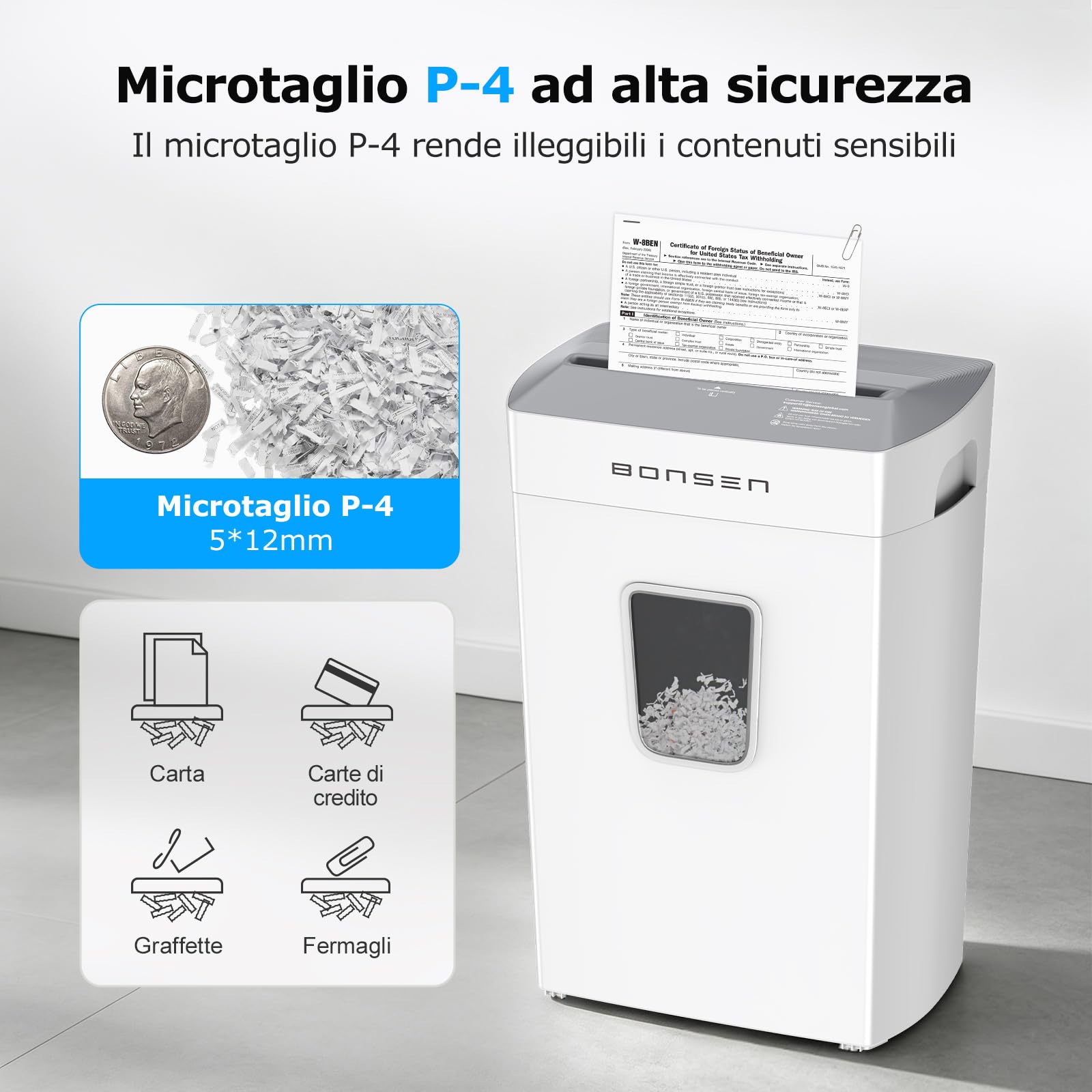 BONSEN Distruggidocumenti Microframmento 12 Fogli, Silenzioso 60dB, S5211-W | Cestino 21L, Livello di Sicurezza P-4, Tritadocumenti per Casa e Ufficio, Distrugge Carte di Credito, Punti & Graffette