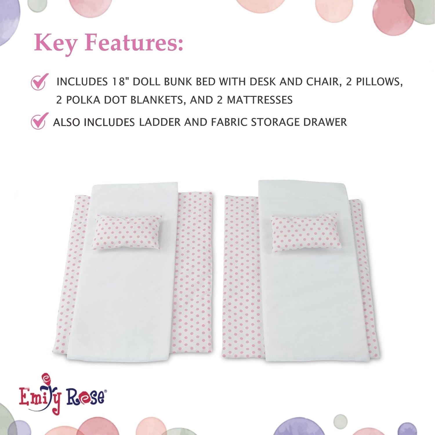 Emily Rose 18 Inch Doll Bunk Bed Set with Desk and Storage - Wooden Dollhouse Furniture with Bedding & Ladder - Compatible with American Girl, Our Generation, My Life As & Adora - Image 6