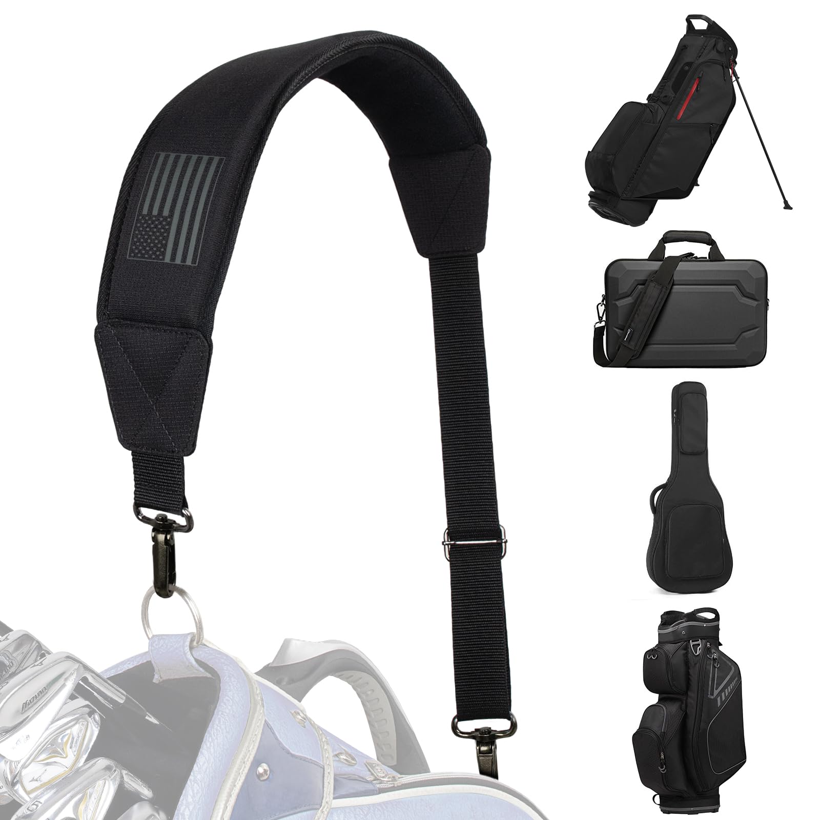 LZFAN Golf Bag Shoulder Strap, Single Padded Adjustable Straps Universal Replacement (Black-USA Flag)