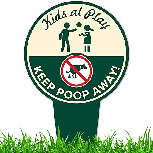 Miniatura 1 de Cartel de "Kids at Play, Keep Poop Away", 7 x 13, estacas integradas de alta resistencia, uso en interiores y exteriores, compuesto de aluminio