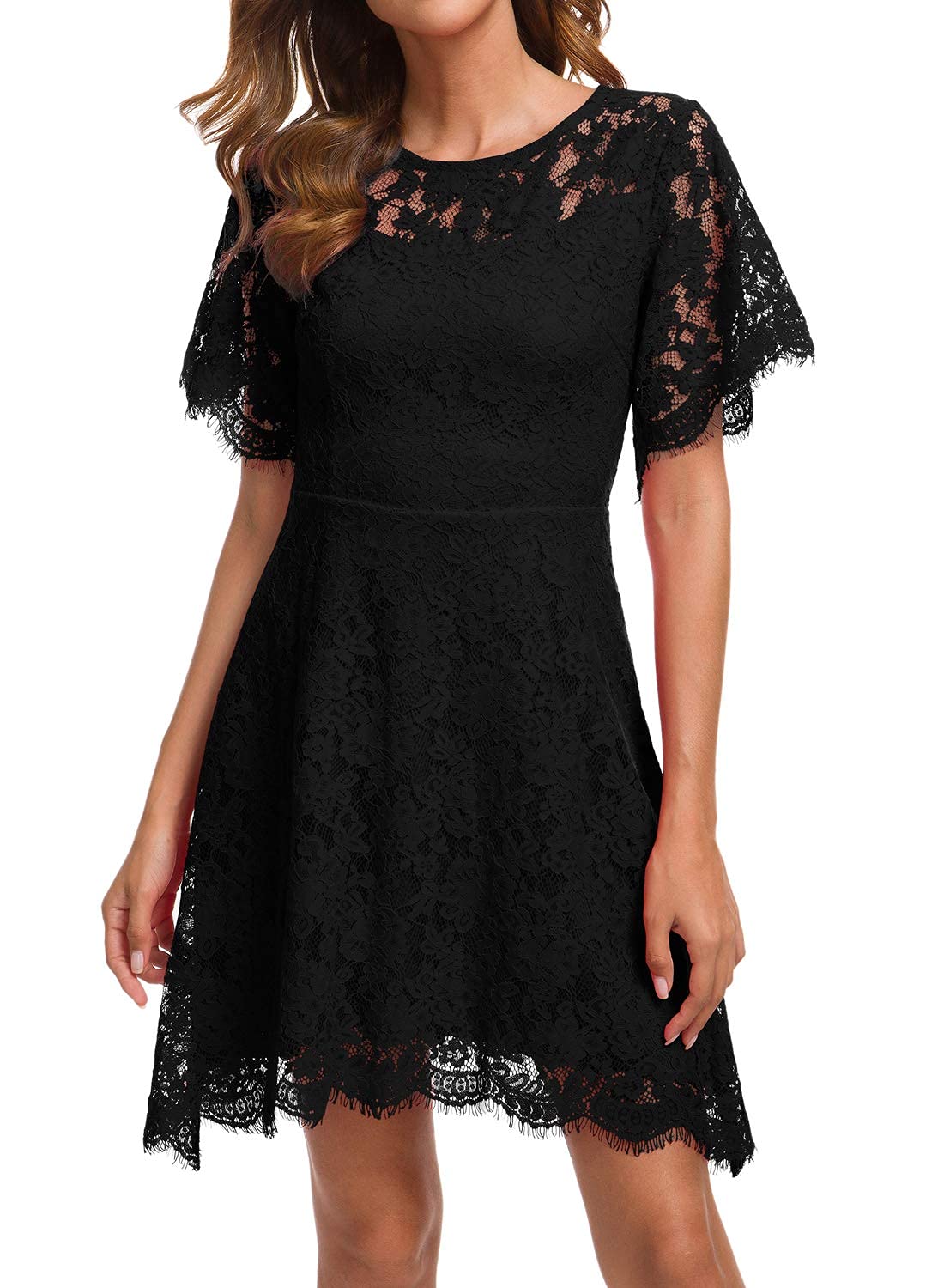 MSLG Women's Elegant Round Neck Short Sleeves Wedding Guest Floral Lace Cocktail Party Dress 943