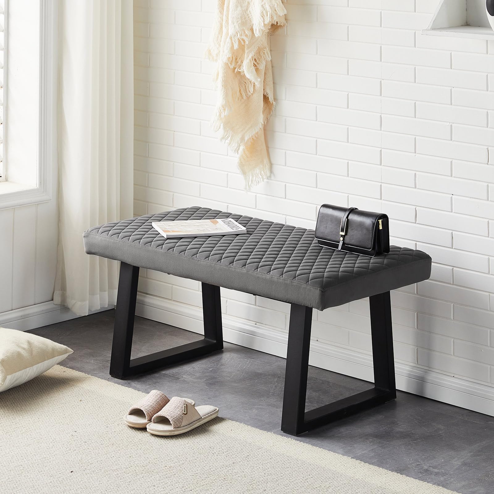 CLIPOP 100cm Samt Sitzbank, Polsterbank Metallbeine, Wohnzimmer, Schlafzimmer, Flur, Esszimmer (Grau)