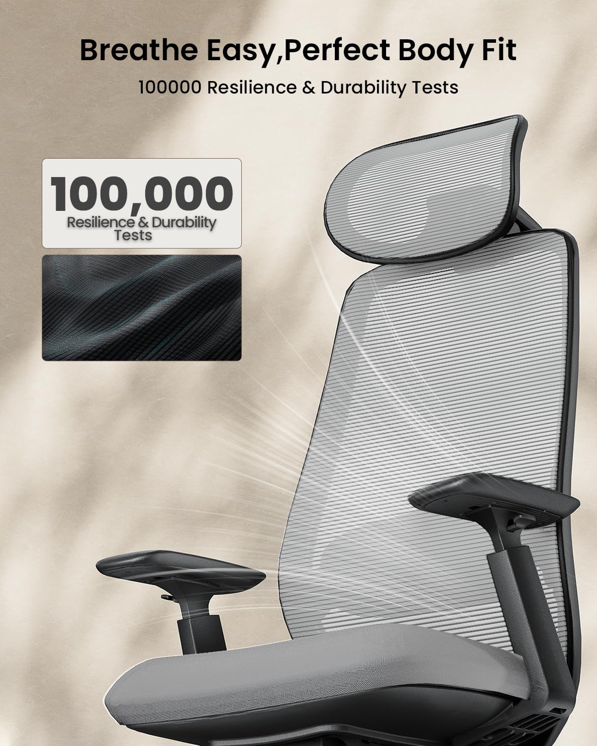 ProtoArc EC200 ergonomiczne krzesło biurowe, z regulacją wysokości i głębokości, podparcie okolic lędźwiowych, głębokość siedziska, regulacja wysokości, zagłówek 3D, krzesło komputerowe do biura