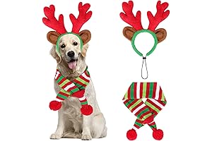 BWOGUE Dog Christmas Reindeer Elk Antlers Headband and Red-White-Green Striped Scarf Set:...