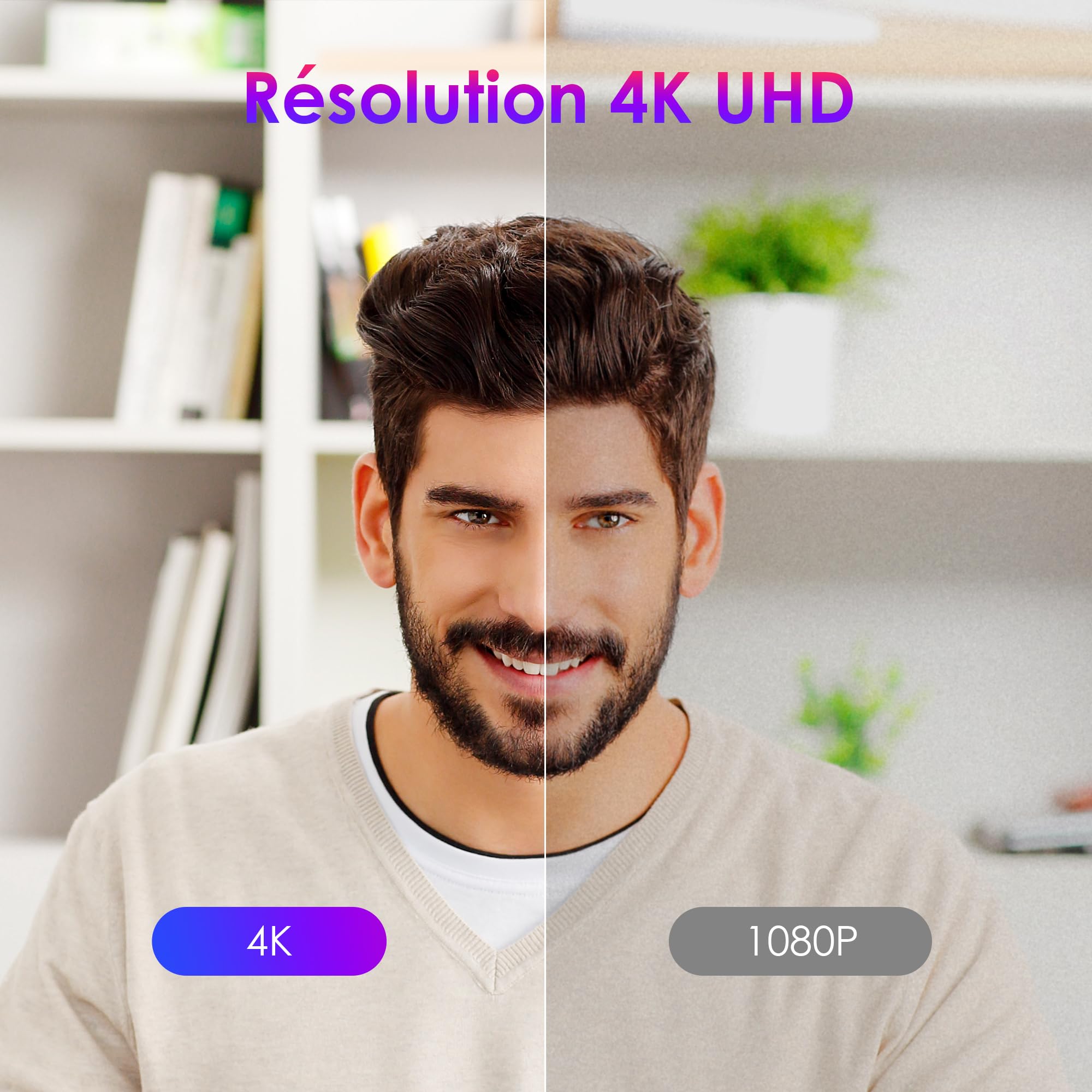 W8GS 4K Webcam avec Microphone, Autofocus, 85° Grand Angle, Protection de la Vie Privée, Plug and Play, Trépied, pour Mac, Windows, PC, Zoom, Skype, Appels Vidéo et Réunions