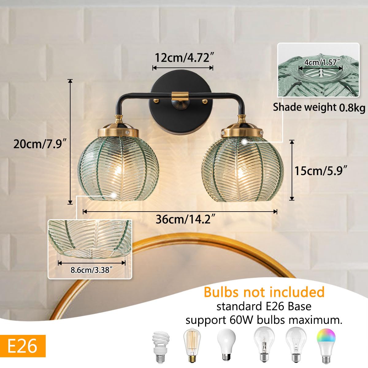 Qufute Mid Century Vanity Light Black Bathroom Wall Light Fixtures Green Glass Wall Sconce lamp Ribbed Glass Shade Modern Art Deco Vanity Lights for Over Mirror Bedroom Hallway 2 Lights