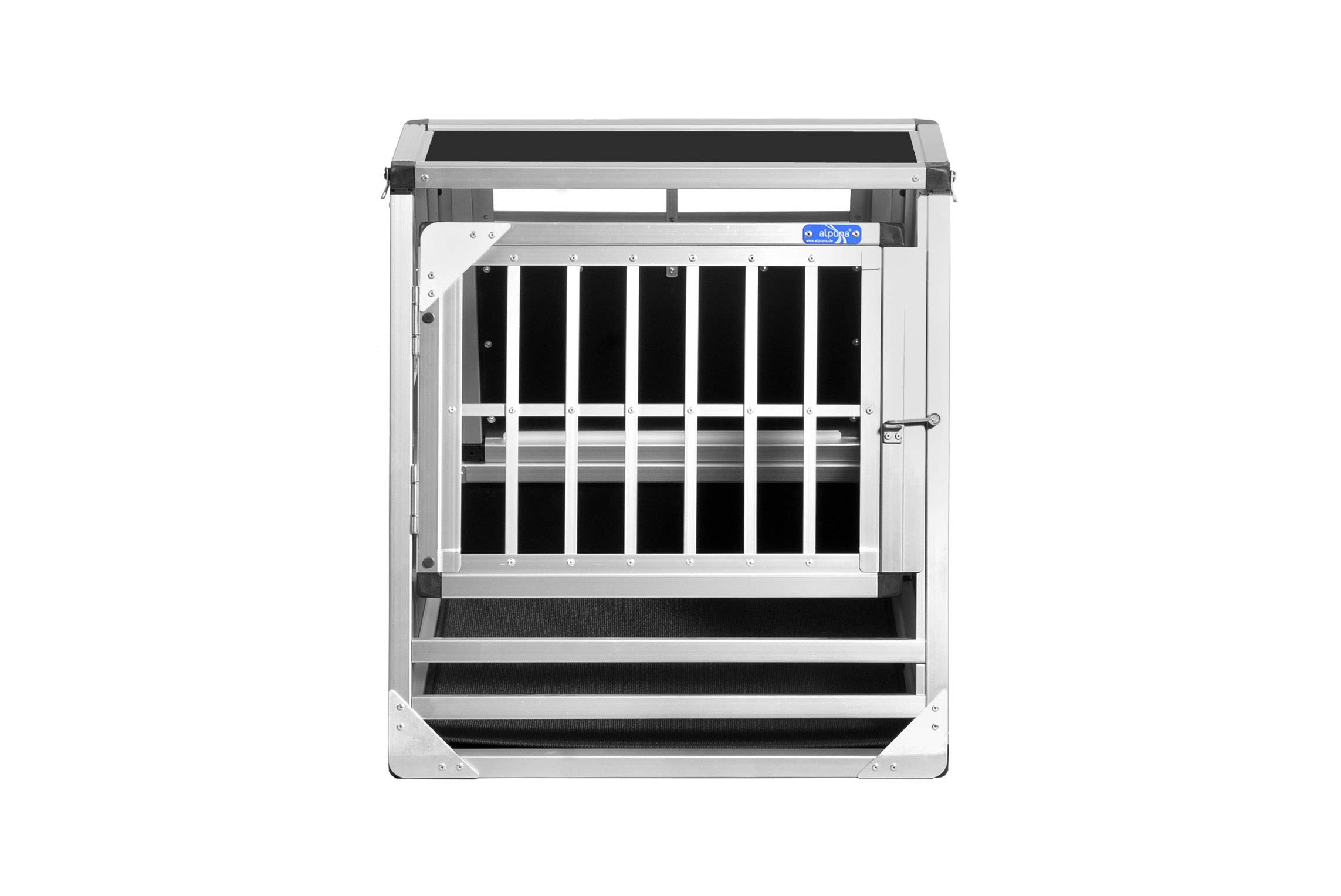 ALPUNA Transportbox N67 – Aluminium Hundebox 58×60×63 cm – Auto Hundebox mit Notausstieg, sicherer Hundetransport im Kofferraum mit Stoßstangenschutz