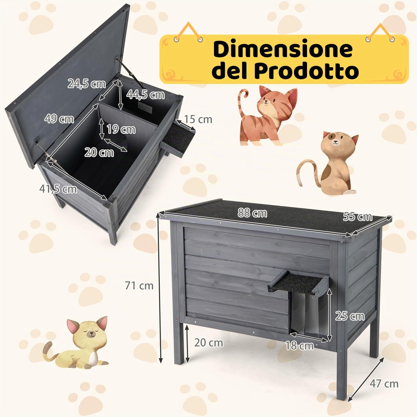 COSTWAY Cuccia per Gatti da Esterno Inverno, Cassetta per Gatti Impermeabile in Legno con Isolamento in Schiuma, 2 Comparti Spaziosi, Tetto Apribile in Asphalt e Porta, 88 x 55 x 71 cm (Grigio)