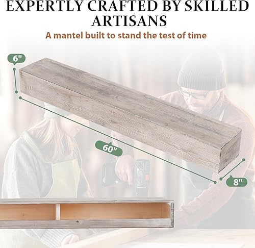 Miniatura 35 de Mantel de chimenea de 60 pulgadas, estante de mantel hecho a mano para sobre chimenea, mantel de madera con soporte invisible resistente, estantes