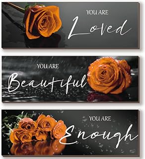 ZINYAZHE 3 Pieces Orange Wall Decor Inspirational Orange Roses Bathroom Decor Wooden Wall Art Positive Quotes You Are Loved You Are Enough for Girls Women Office Bedroom(Orange Rose12 x 4")
