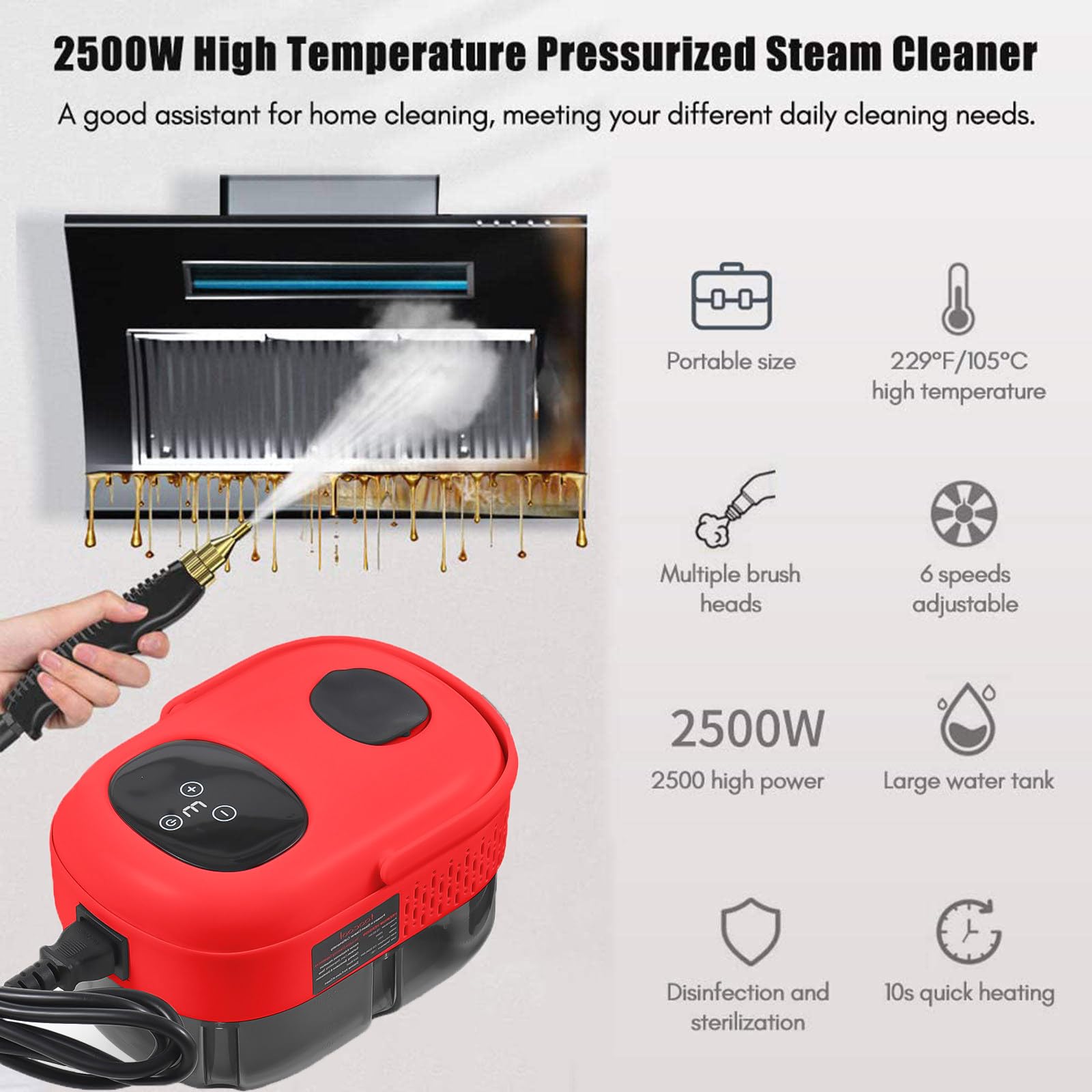 Limpiador a Vapor Portátil De 1 Litro con 3 Cabezales De Cepillo, Irishom, Limpieza a Vapor De Alta Presión Y Alta Temperatura De 2500 W, para Papel Pintado, Suelos, Moquetas Red