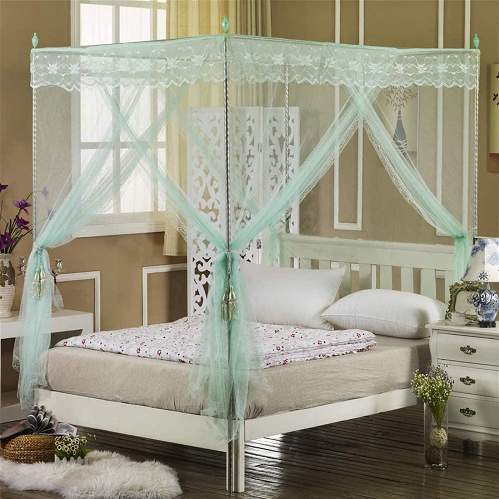 Soporte para Mosquitera Cama de Cuatro Esquinas, Dosel de Acero Inoxidable Mosquitera Cama Con Dosel Estante para Twin/Full/Queen/King Size/California King,16 Mm,Cama de 1,5 × 2 M (5 × 6,5 Pies)