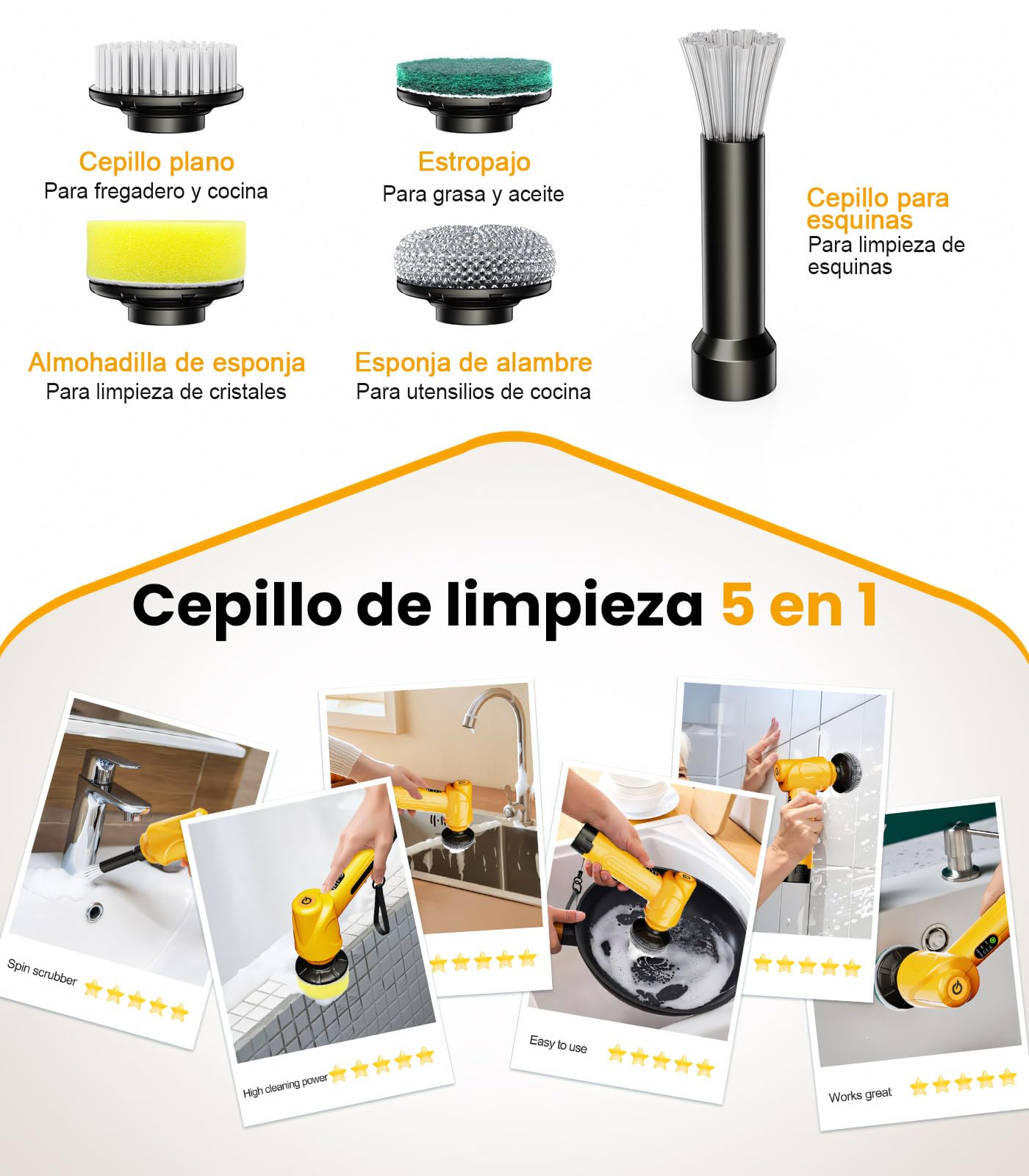 Qimedo Cepillo de Limpieza eléctrico con 2 baterías Intercambiables y 5 Cabezales de Cepillo, Cepillo de Limpieza inalámbrico para Cocina, Fregadero, vajilla, Ventanas y Juntas