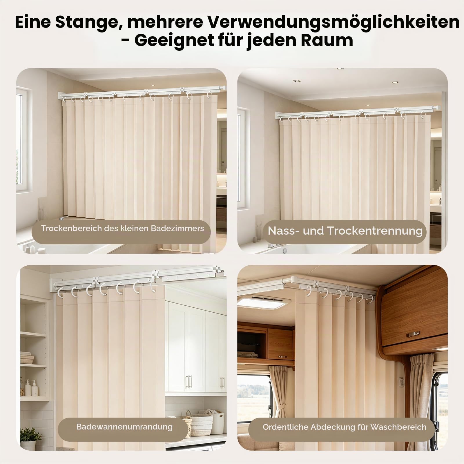 Faltbare Duschvorhangstange ohne Bohren 1,8x2m, 4/5-Fach Faltbarer Duschvorhang mit Stange Wasserdicht, L-Form/U-Form/Gerade Verstellbar, Platzsparend für Kleine Badezimmer, Wohnmobile