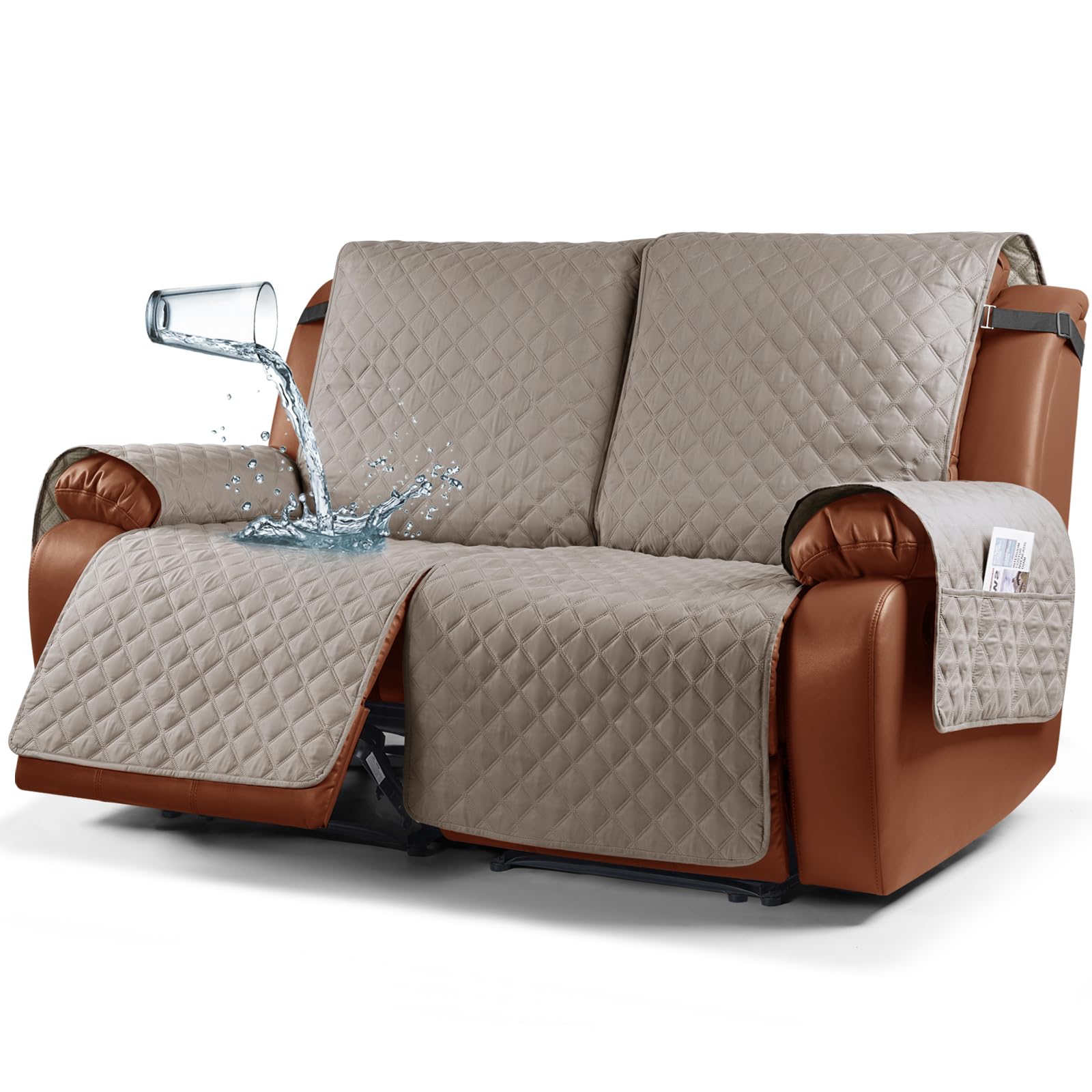 Ruaozz Waterproof Oversized Love Seat Recliner Cover Non-Slip Recliner Sofa Cover 1-Piece Washable Furniture Protector with Elastic Straps Pocket for Kids, Dogs, Pets (Pale Brown)