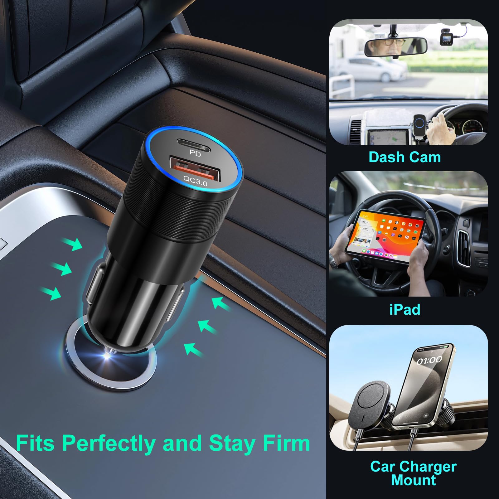 Paquete de 6 cargadores de coche USB C, 38 W, doble 12 V, USB-C y USB-A, cargador de coche multipuerto QC+PD 3.0, adaptador de encendedor de cigarrillos de carga rápida para iPhone 17, 16