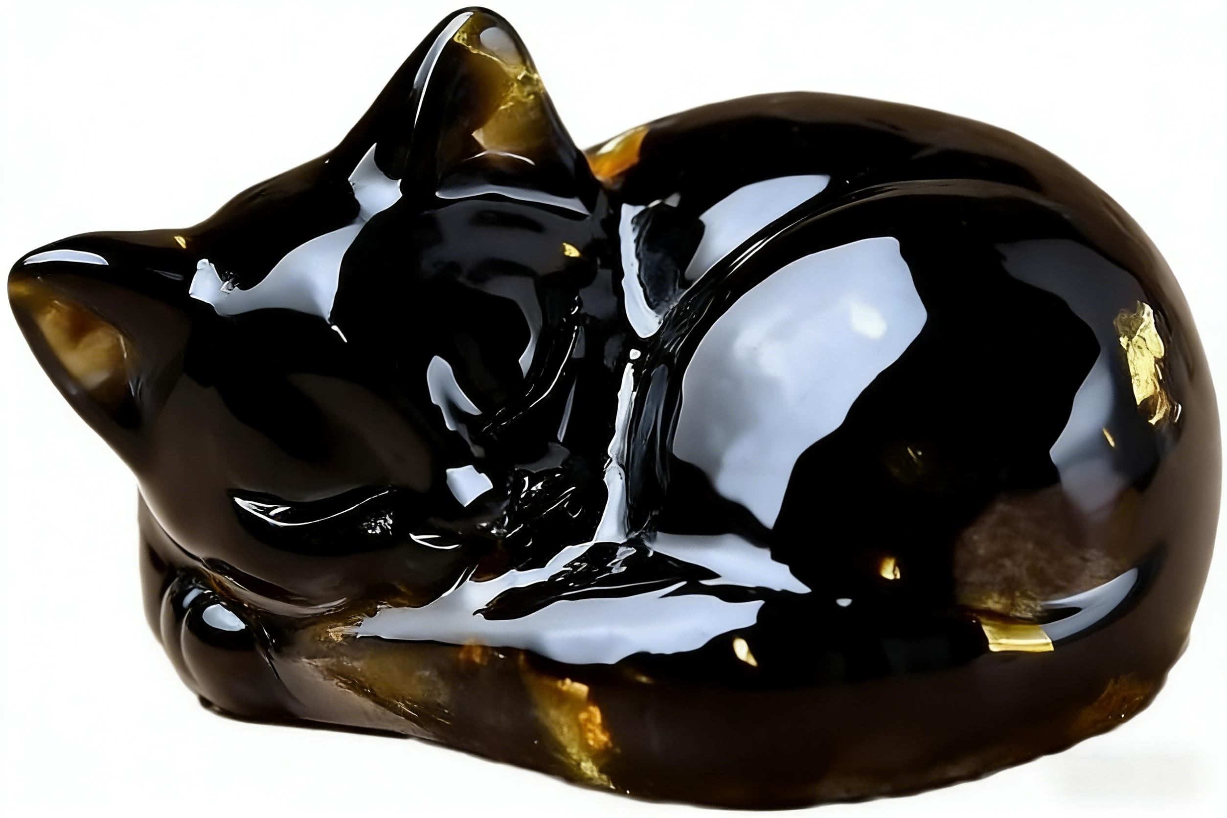 MINWEGI Black Cat Ornament - Obsidian Cat Figurine with Gold Foil Decor, Small Cat Statue for Home Decor, for Cat Lovers
