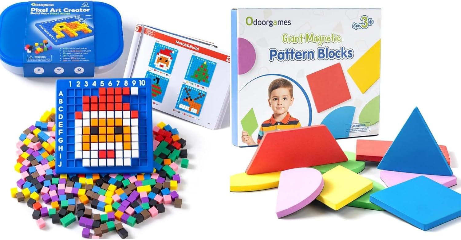 Pixel Art Kit & Magnetic Pattern Blocks Set – Creative Pixelated Brick Art and Magnetic Shapes Manipulatives, STEM Learning Toys for Kids Classroom Activities