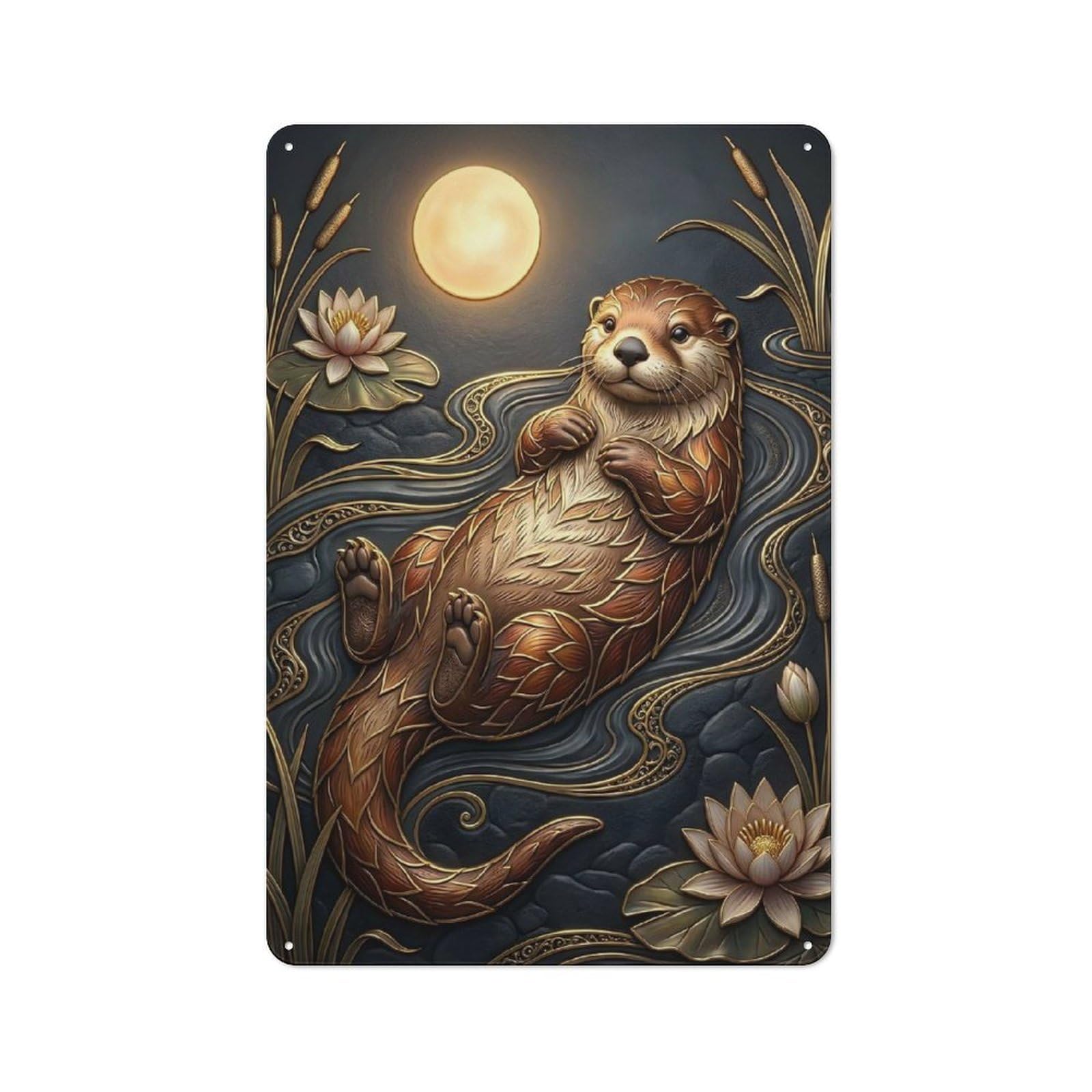 Junmoney Style-16 Metal Wall Sign 30X20cm Featuring Otter In A Moonlit Pond For Pub Or Café, Housewarming Wall Decor For People Furnishing Pub And Café