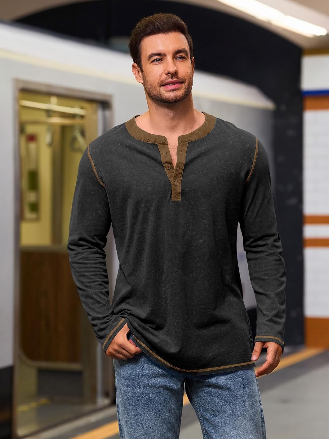 Yousify Mens Henley Shirt Long Sleeve Casual Cotton Basic T Shirts Button Washed Retro Lightweight Tee Tops - Image 4