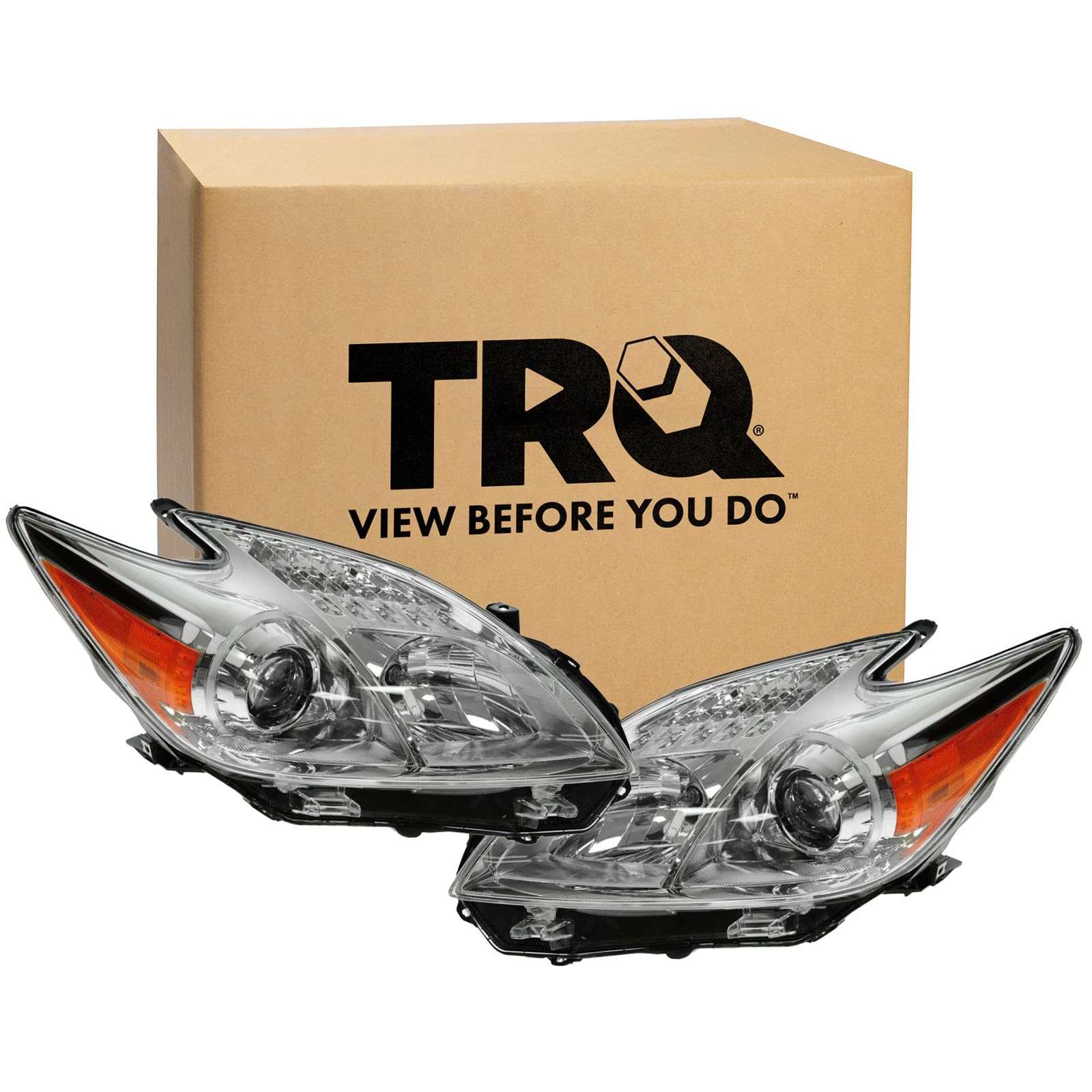 TRQ 2 Piece Headlight Assembly Set Chrome Bezel Driver & Passenger Side Compatible with Toyota Prius 2012-2015 TO2518134 TO2519134 8113047520 8117047520