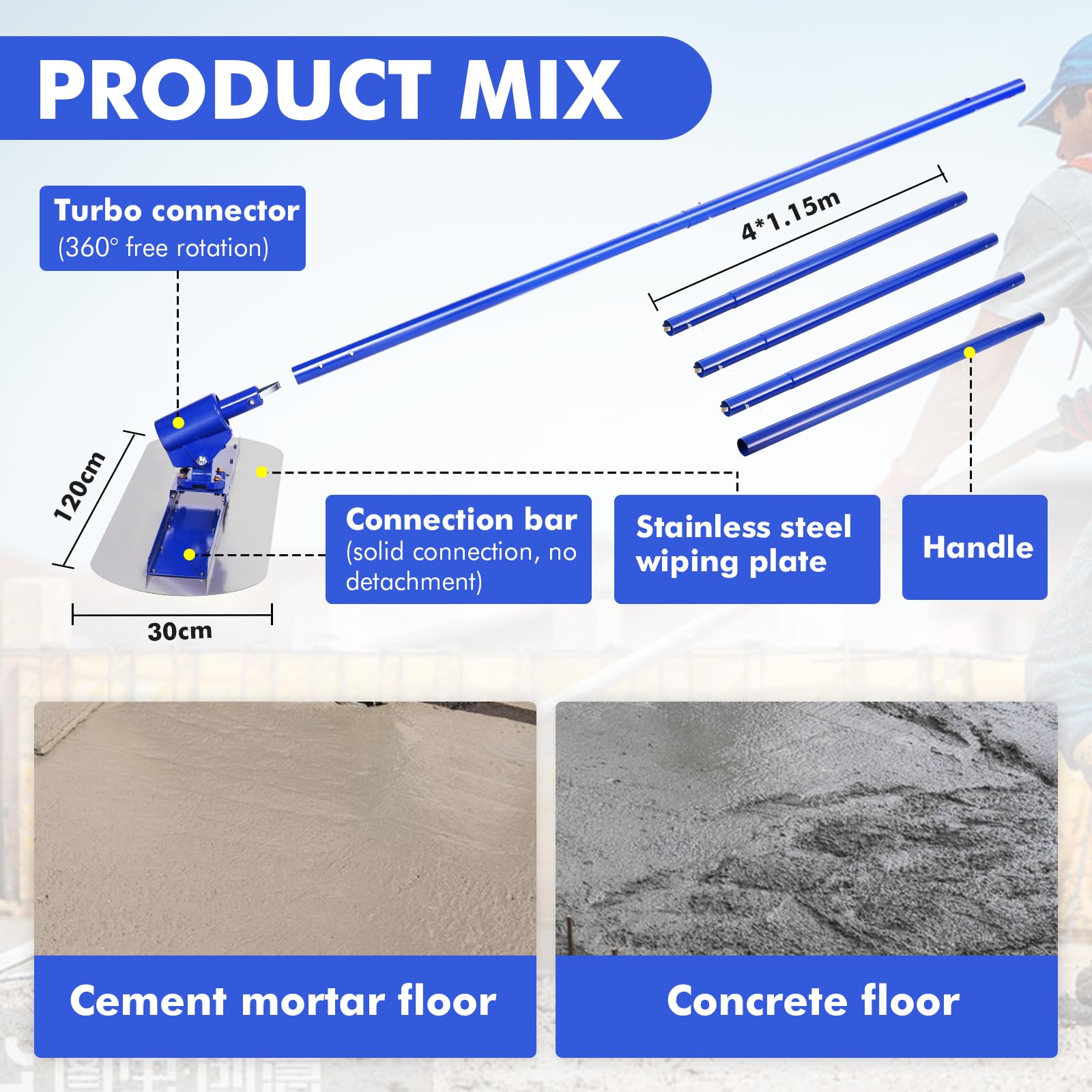 YJINGRUI Piastra per calcestruzzo 120 x 30 cm, distributore di cemento con manico 4 x 1,15 m, per la posa di pavimenti in cemento e cemento, kit Bull Float Concrete (blu)