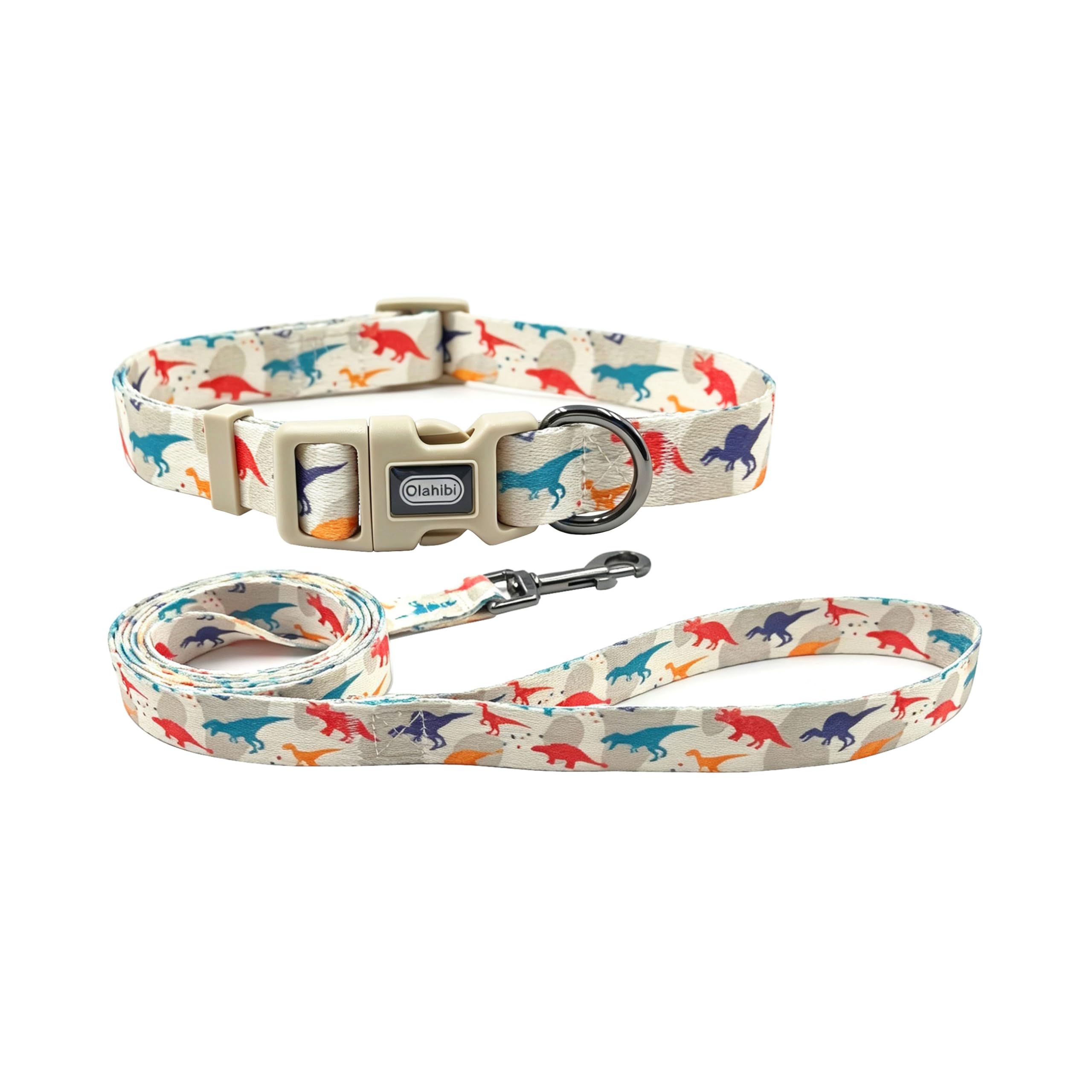Dog Collar & Leash Set, Polyester with Dinosaur on Cream, S Size. — image 1