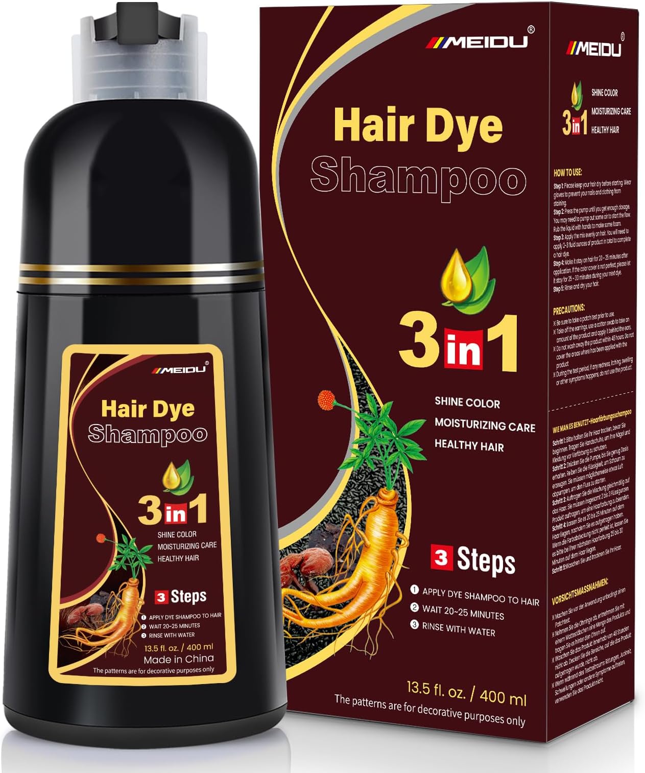 meidu Chestnut Brown Hair Dye Shampoo 3 in 1 for Women Men