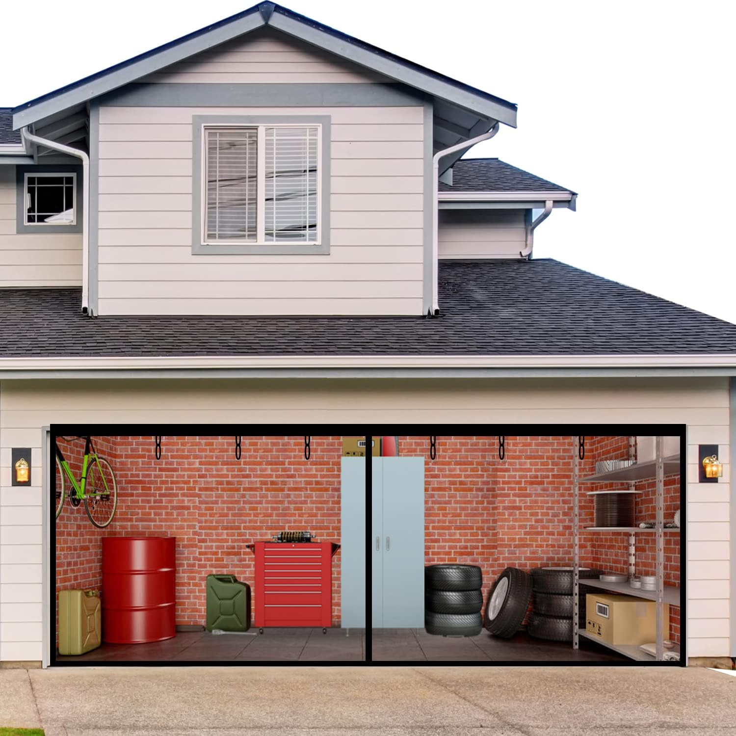 Garage Screen Door，Hands Free Fiberglass Magnetic Screen Door 16x7FT for Double Garage Doors with Heavy Duty Mesh Curtain，Retractable Screen with Roll Up Starps