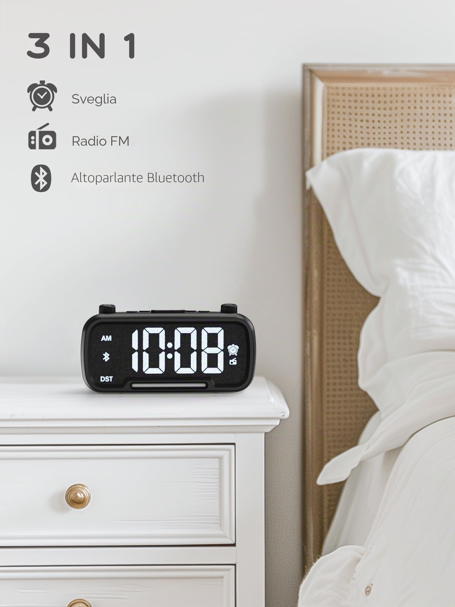 ROCAM Sveglia Digitale da Comodino Radiosveglia Orologio Digitale da Tavolo Funzionamento a rete Dimmer Luce notturna USB Tipo-C DST Batteria di Backup Radio da Cucina