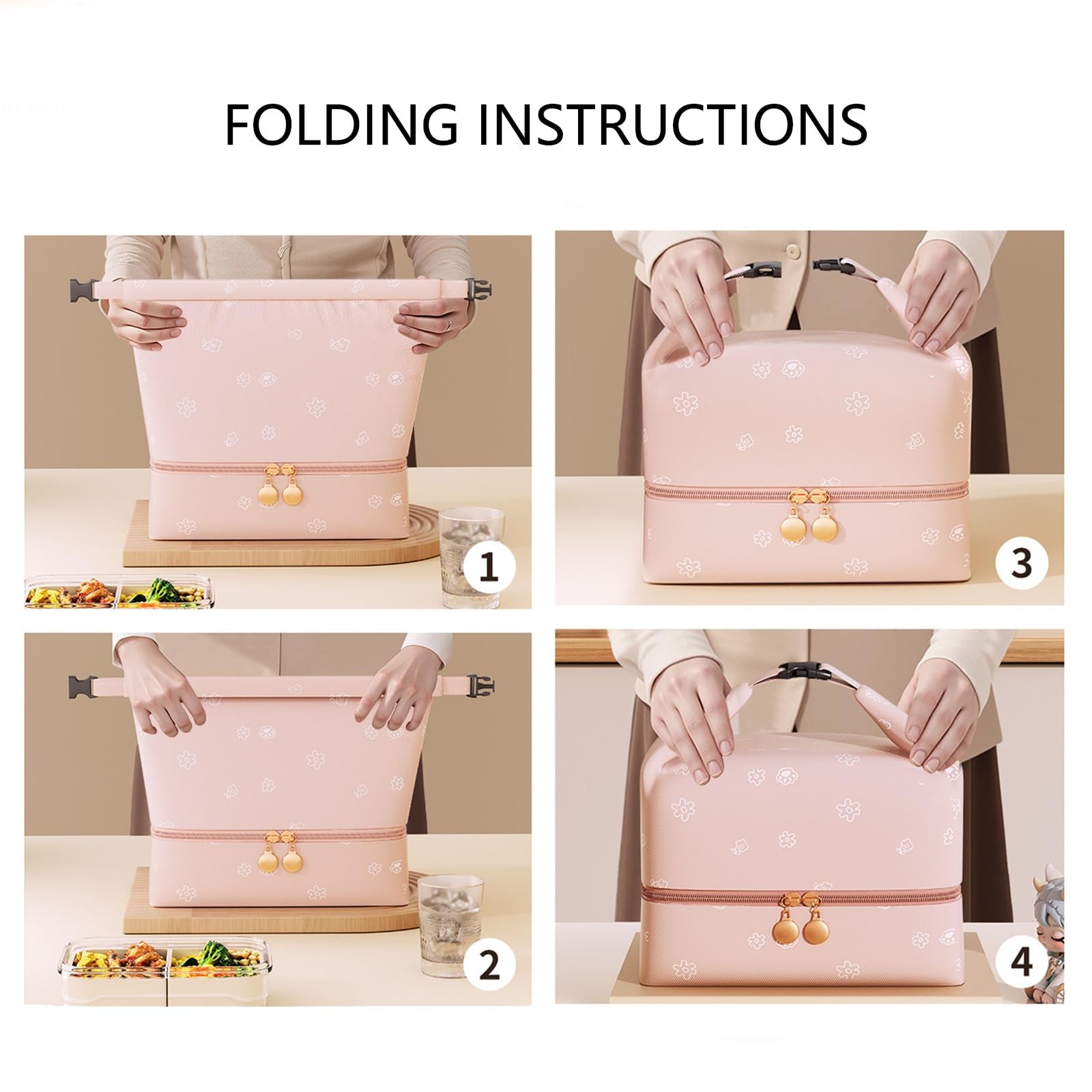 Bolsa de Mano Impermeable de Gran Capacidad, Bolsa de Almuerzo de Dos Compartimentos, Fácil de Limpiar, Diseño de Doble Cremallera, Perfecta for El Trabajo(Pink)