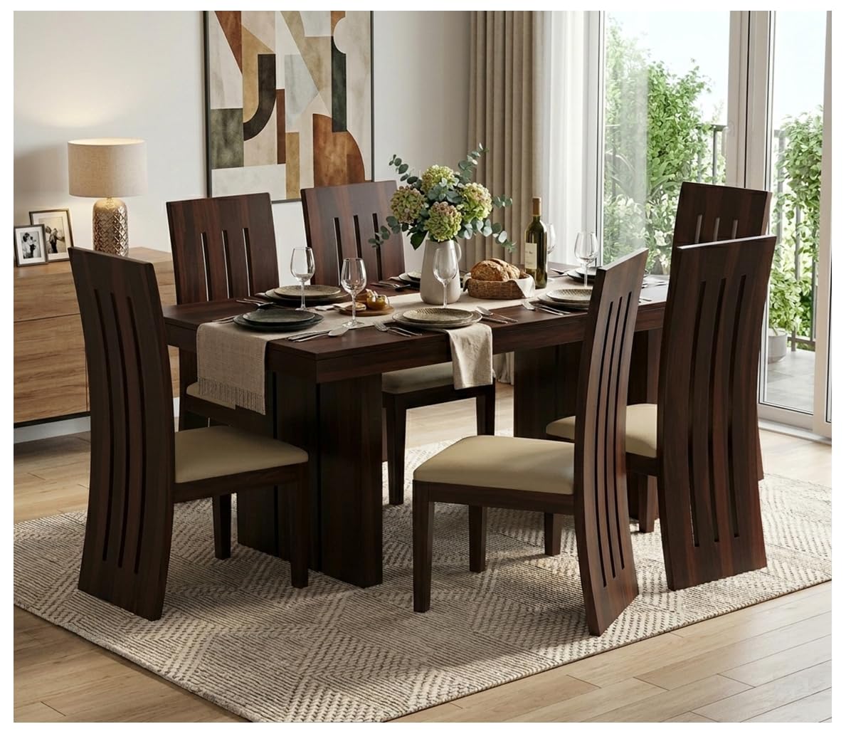 LOONART 6 Seater Dining Table Set for Diningroom - Wooden Dining Set 6 Seater for Home - Dinner Set 6 Seater - Handcrafted Livingroom Furniture (Walnut Finish)-image-43
