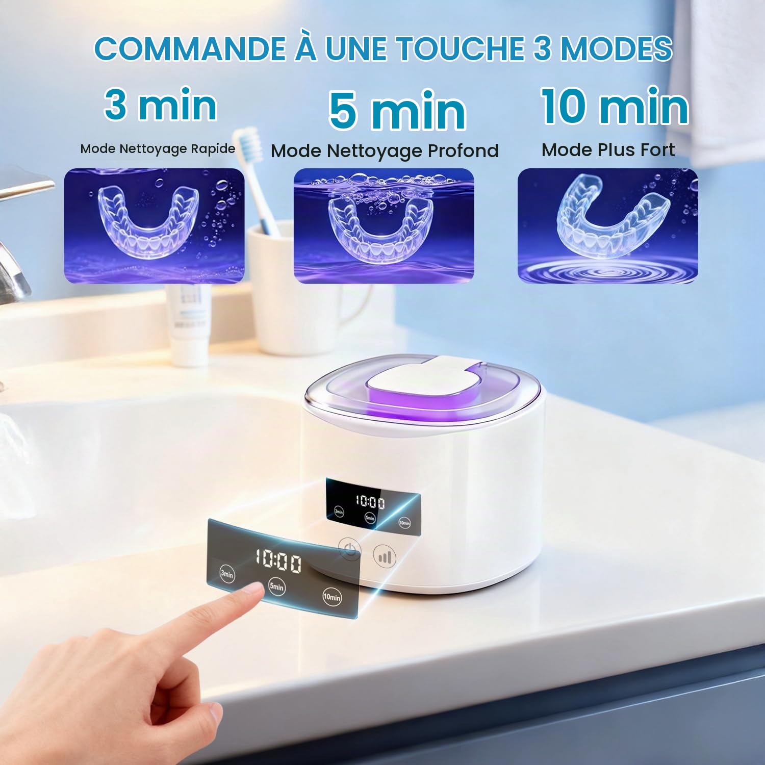 Nettoyeur Ultrasons 50kHz, Ultrasonic Cleaner Rechargeable 2000mAh avec 4 Lampe UV, 230ML Cuve pour Prothèses Dentaires, Brosse à Dents, Aligneurs, Retainers, Prothèses, Bijoux -Blanc