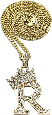 Fashion 21 Iced Out King Crown Alphabet Initial Pendant 3mm 24" Cuban Chain Necklace in Gold, Silver Tone R - Gold