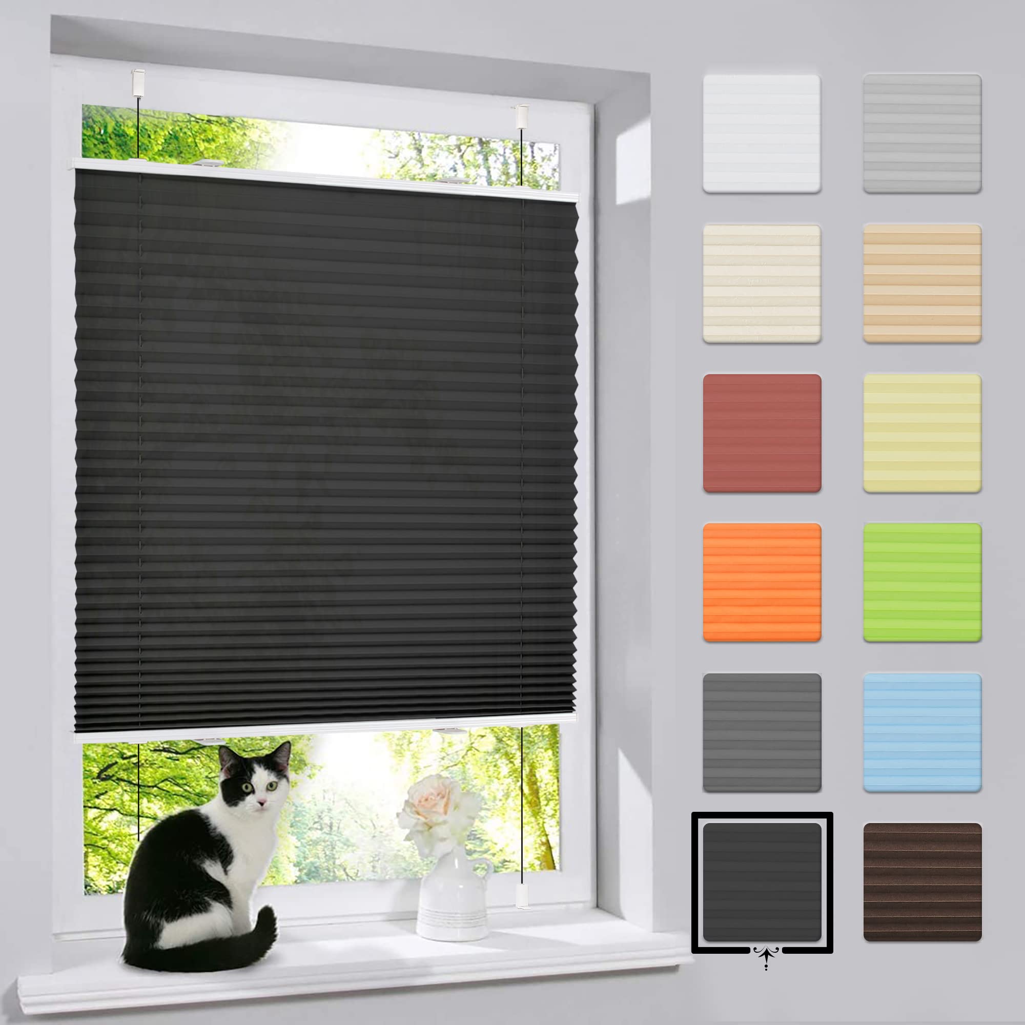 bobodeco Plissee ohne Bohren Klemmfix Faltrollo Jalousie Schwarz 60x130cm (BxH), Plisseerollo Sichtschutz und Sonnenschutz Blickdicht Easyfix lichtdurchlässig Rollo für Fenster & Tür